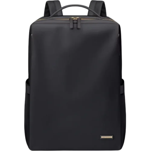 シンプルでコンパクトな黒色のビジネスリュック、15.6インチ対応で多収納ポケット付きの軽量デザイン