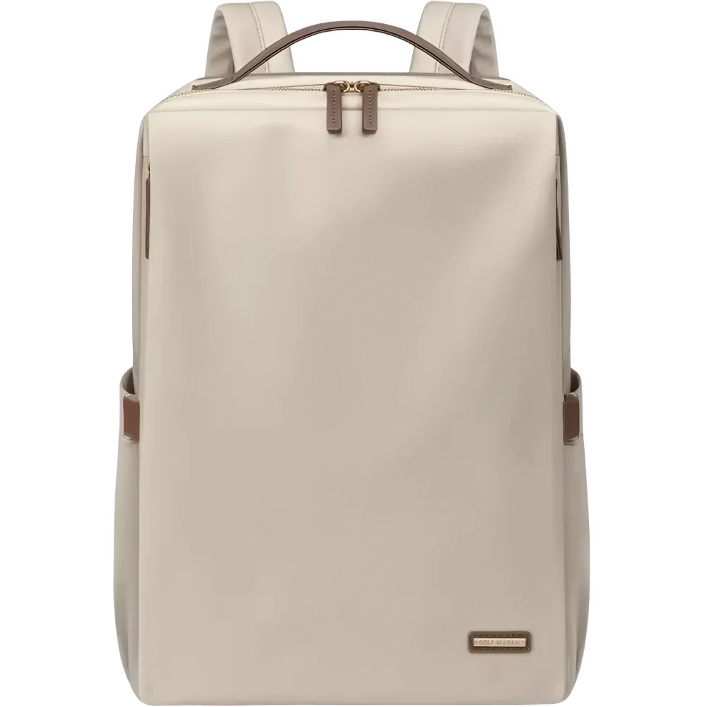 ベージュとブラウンのアクセントが上品な女性向けの小さめ軽量ビジネスリュック、15.6インチ対応の多収納デザイン