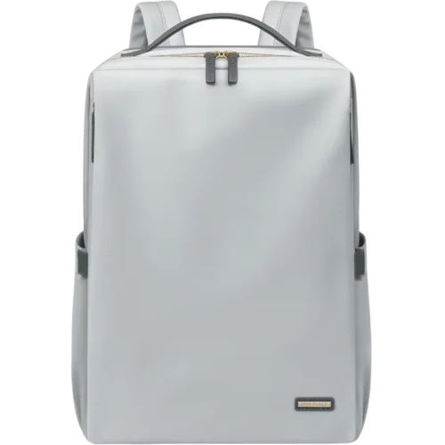 ライトグレーのビジネスリュックで、15.6インチ対応の小さめサイズと多収納ポケットを備えた女性向け軽量バックパック