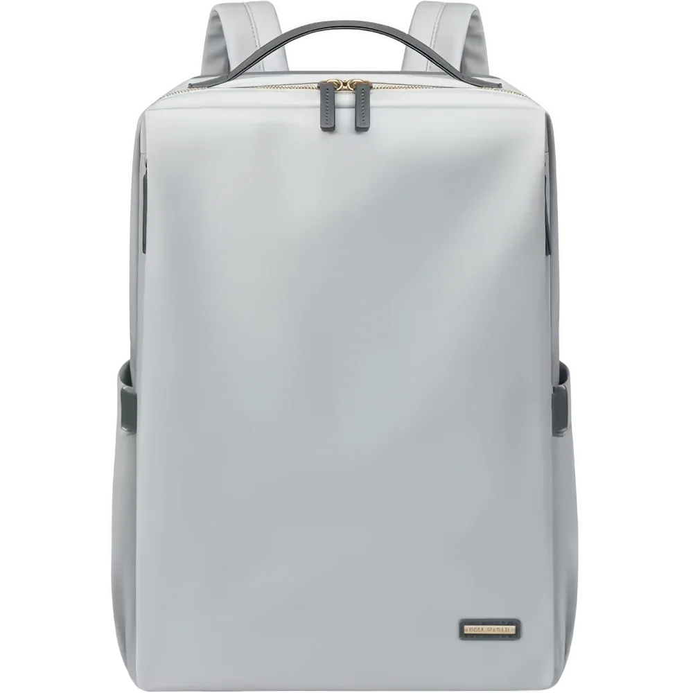 ライトグレーのビジネスリュックで、15.6インチ対応の小さめサイズと多収納ポケットを備えた女性向け軽量バックパック