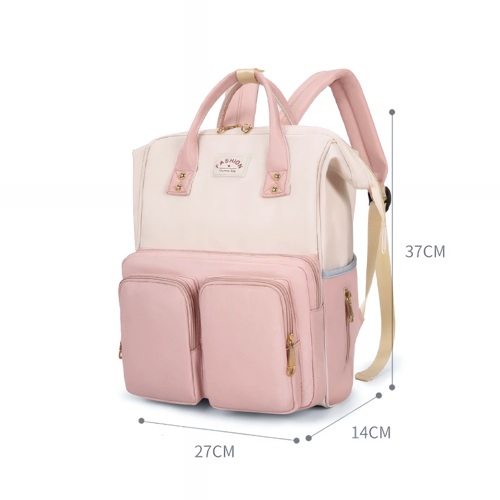 高さや幅の寸法線が記載された、ピンクとクリーム色の多機能マザーズリュックの製品画像